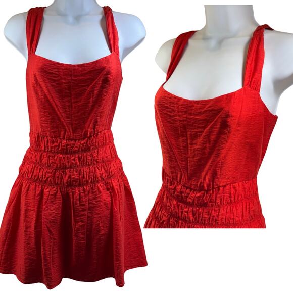 Lost + Wander Red Orange Smocked Drop Waist Babydoll Mini Dress Sz Small - Picture 1 of 12